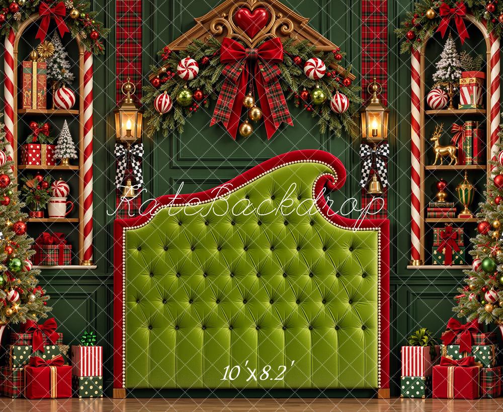 Kate Christmas Green Headboard Trees Candy Cane Plaid Printed Backdrop Designed by Shutter Swan Studios
