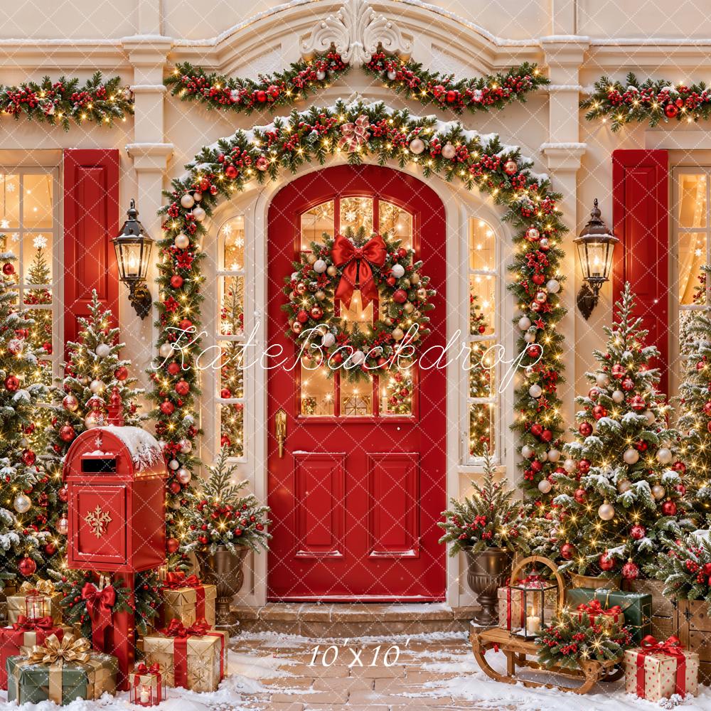 Kate Christmas Red Door Mailbox Garland Trees Victorian House Printed Backdrop Designed by Emetselch
