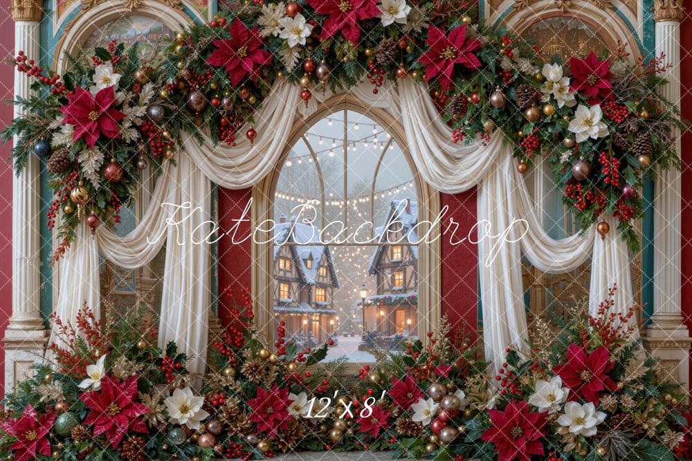 Kate Christmas Poinsettia Garland Ornate Drapes Window Printed Backdrop Designed by Mini MakeBelieve