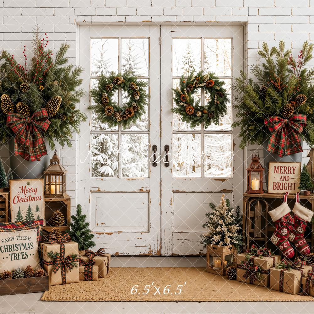 Kate Christmas Door Farmhouse Entryway Wreaths Trees Red Plaid Printed Backdrop Designed by Emetselch