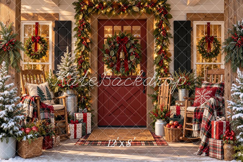 Kate Christmas Porch Garland Wreath Chair Plaid Rustic Printed Backdrop Designed by Shutter Swan Studios