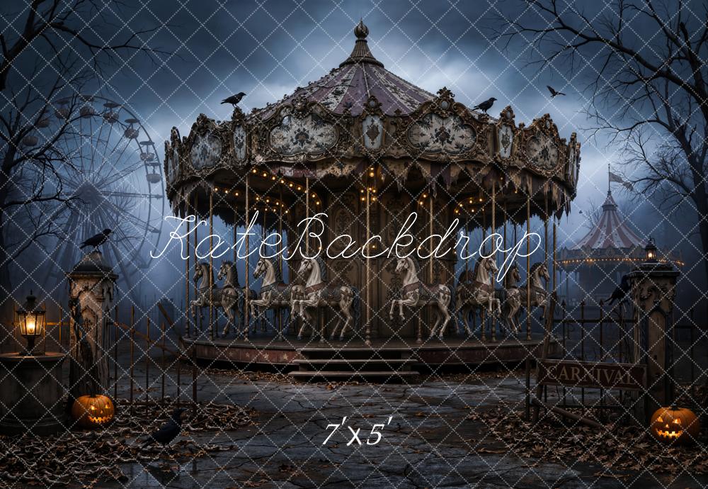 Kate Halloween Night Haunted Carousel Pumpkins Printed Backdrop Designed by Chain Photography