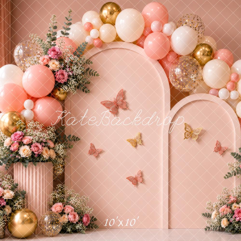Kate Birthday Pink Balloon Arch Floral Butterflies Printed Backdrop Designed by Shutter Swan Studios