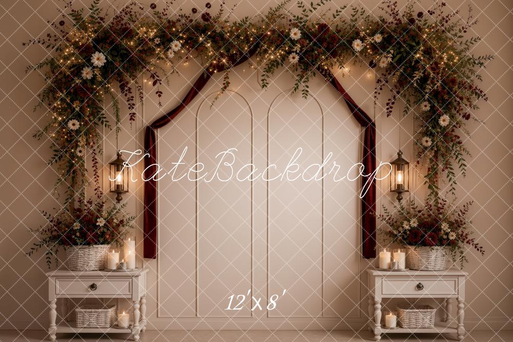 Kate Valentine's Day Headboard Flower Arch Brambles Lanterns Burgundy Cream Printed Backdrop Designed by Ashley Ward