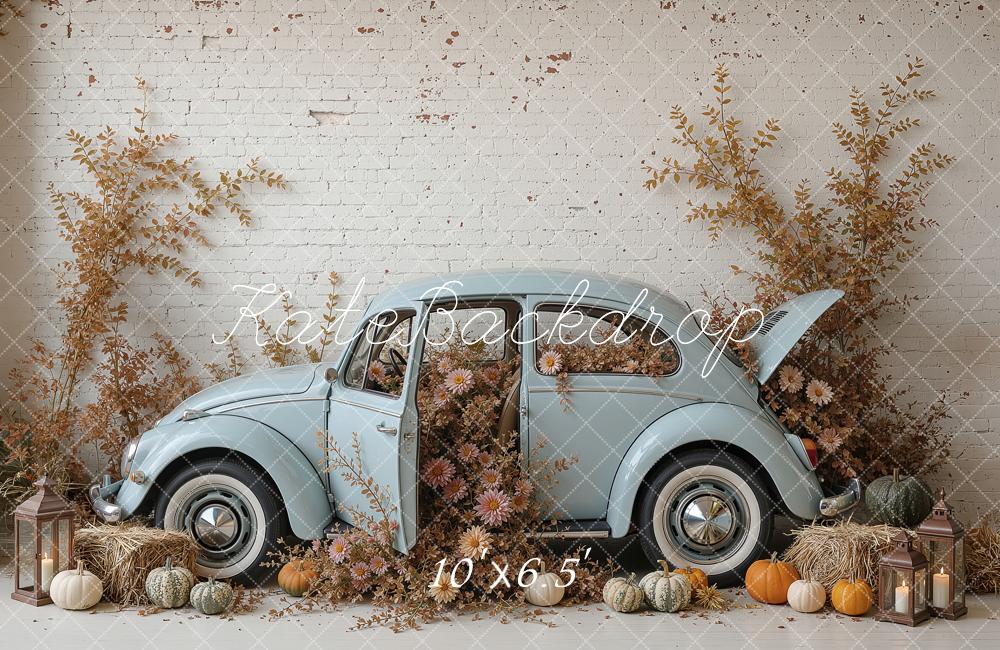 Kate Fall Vintage Blue Car Pumpkins White Brick Wall Printed Backdrop Designed by Ashley Ward