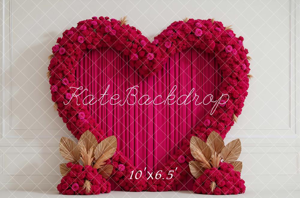 Kate Valentines Heart Flower Arch Pink Roses Gold Leaves Printed Backdrop Designed by Mini MakeBelieve