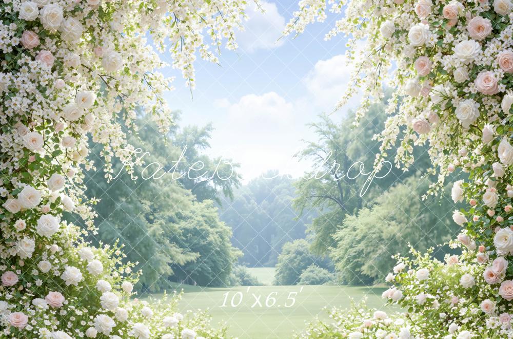 Kate Summer Flower Arch White Pink Roses Garden Printed Backdrop Designed by Mini MakeBelieve