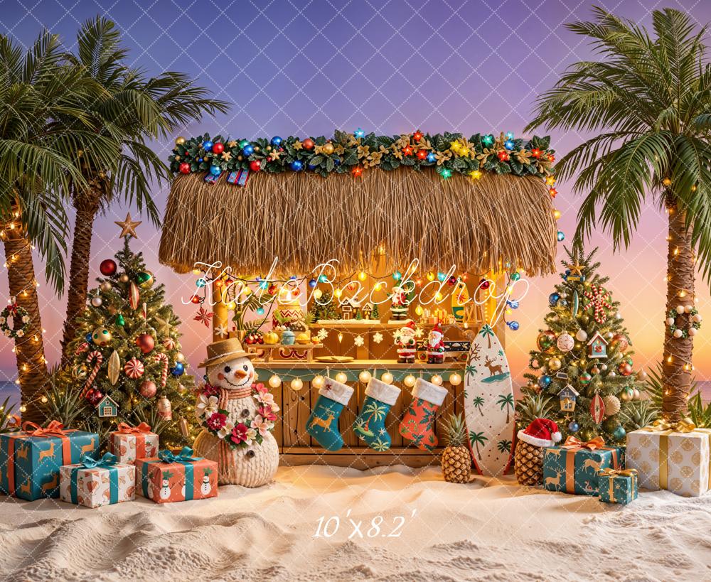 Kate Christmas Tropical Beach Hut Palm Trees Surfboard Printed Backdrop Designed by Emetselch