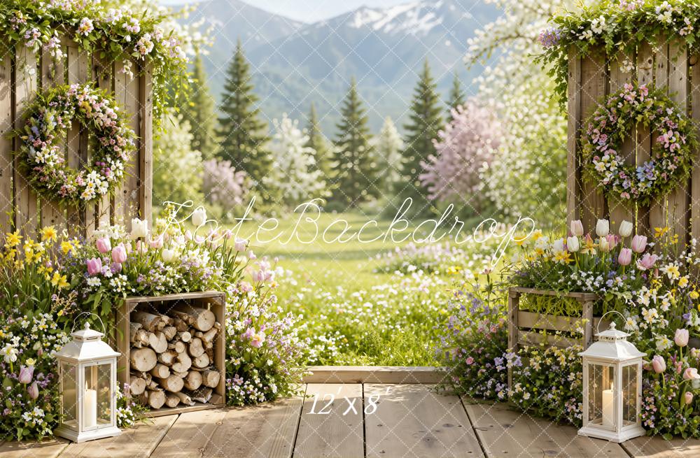 Kate Spring Floral Rustic Wooden Gate Mountain Garden Printed Backdrop Designed by Emetselch