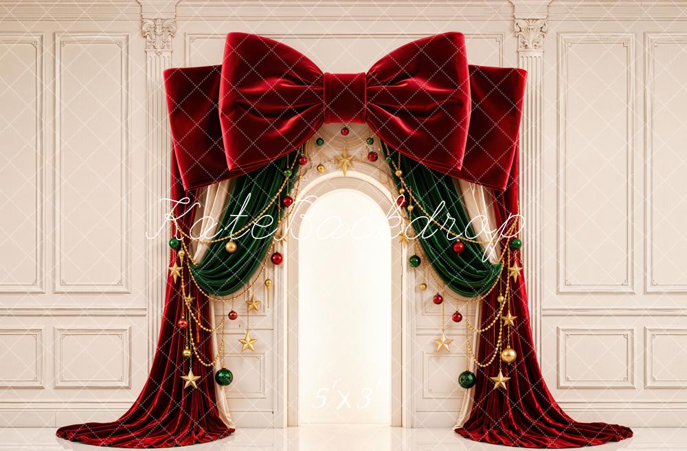 Kate Christmas Red Velvet Bow Arch Ornaments Printed Backdrop Designed by Emetselch