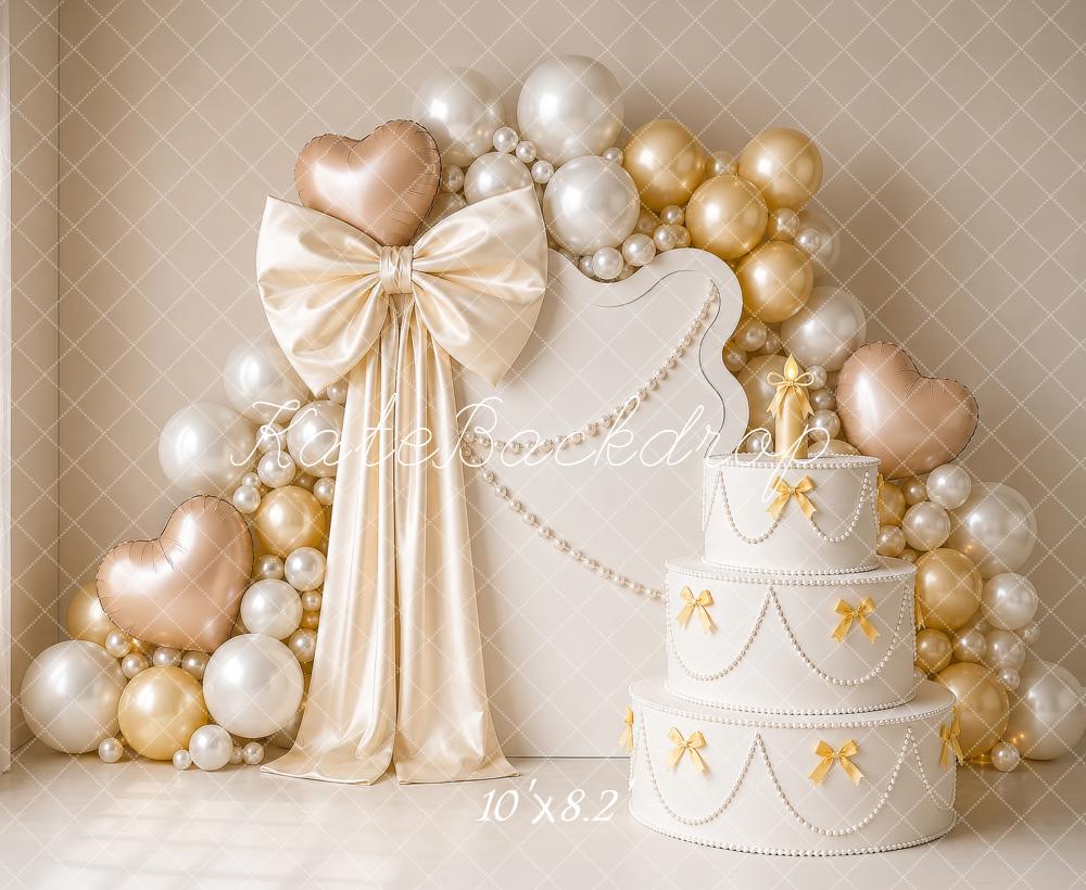 Kate Birthday Cake Smash Pearls Bows Gold Heart Balloons Printed Backdrop Designed by Shutter Swan Studios