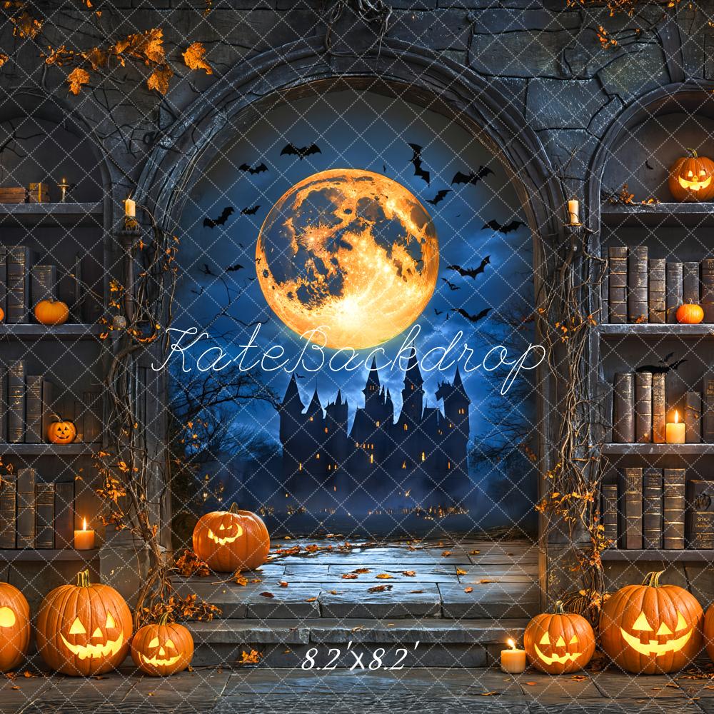 Kate Halloween Pumpkin Moon Vintage Bookshelf Backdrop Designed by Emetselch