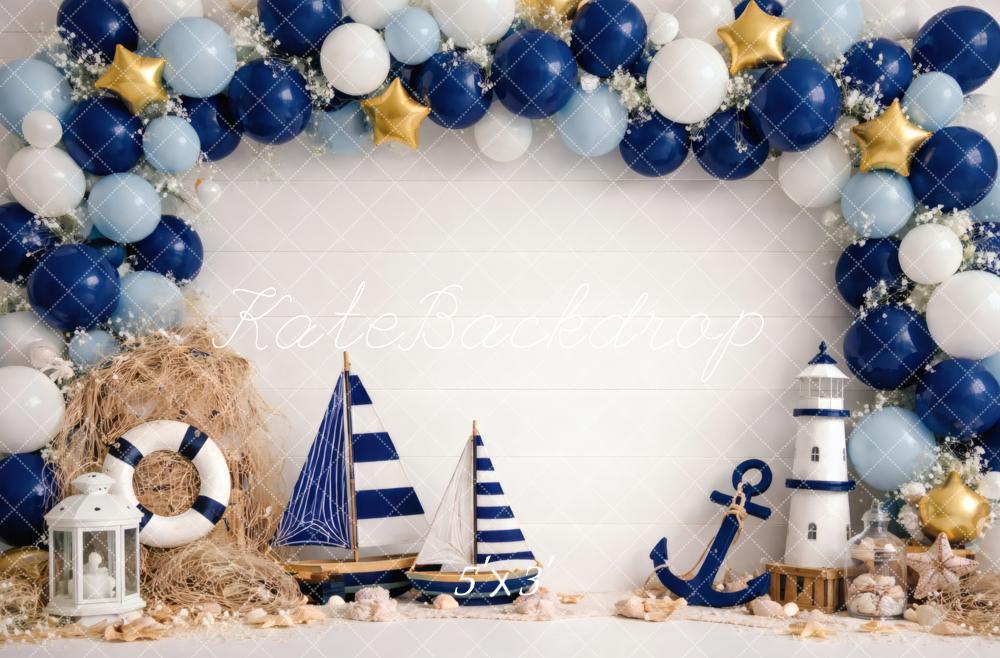 Kate Cake Smash Nautical Balloon Arch Sailboat Anchor Lighthouse Blue White Printed Backdrop Designed by Vertigo Productions