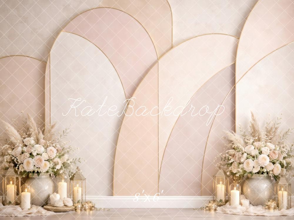 Kate Beige Arch Panels Floral Arrangement Candles Printed Backdrop Designed by Vertigo Productions