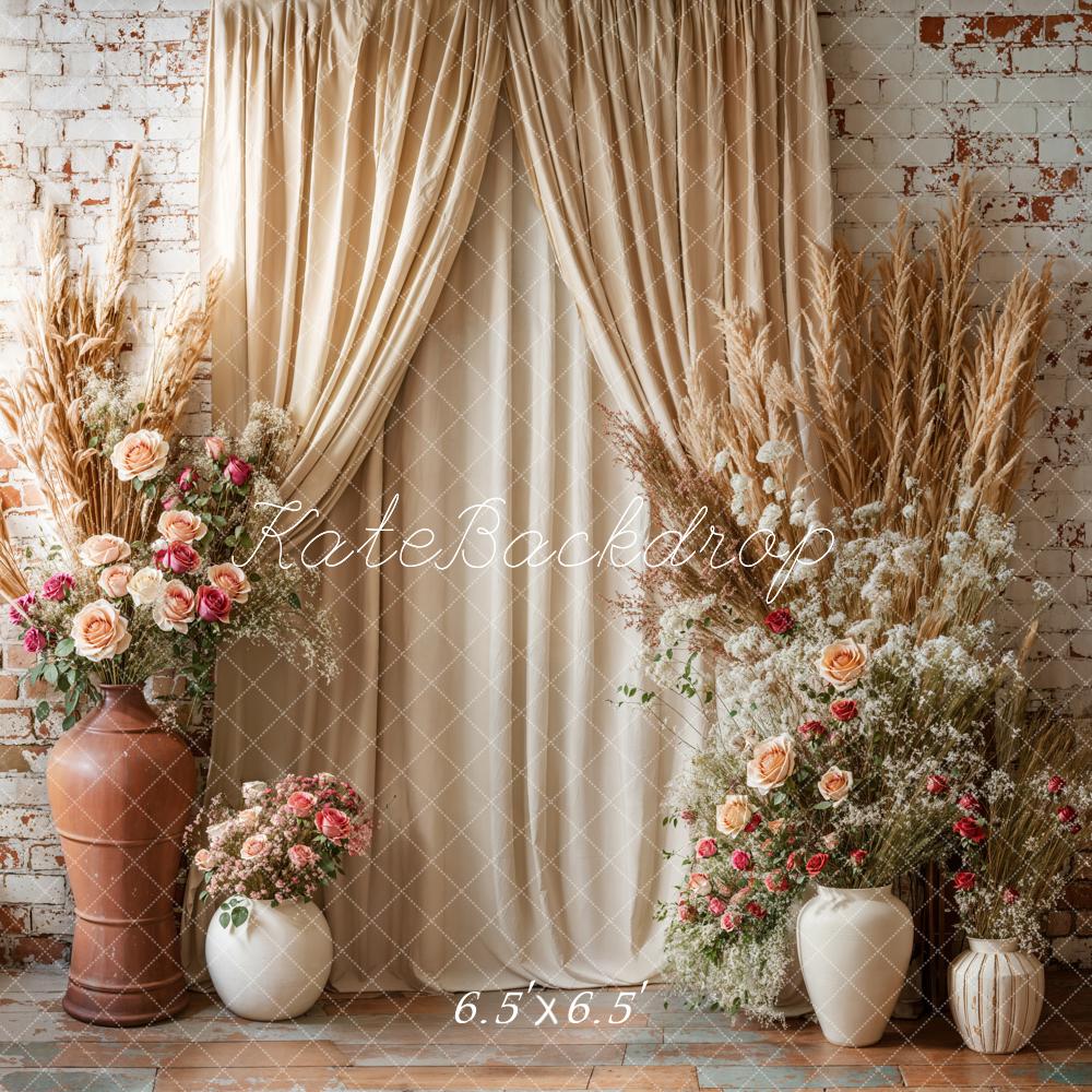 Kate Boho Floral Drapes Brick Wall Backdrop Designed by Emetselch