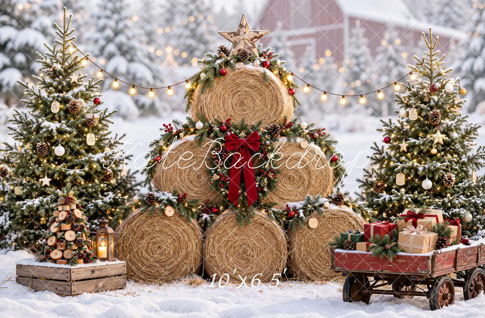 Kate Christmas Hay Bale Tree Snowy Gift Wagon String Lights Printed Backdrop Designed by Emetselch