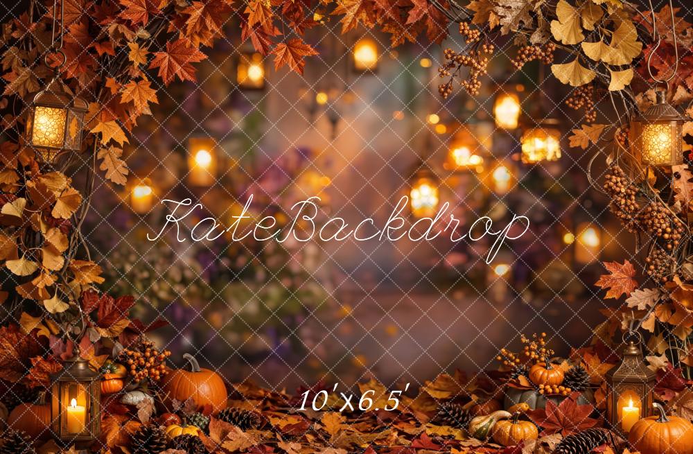 Kate Fall Pumpkins Lantern Leaves Bokeh Printed Backdrop Designed by Emetselch