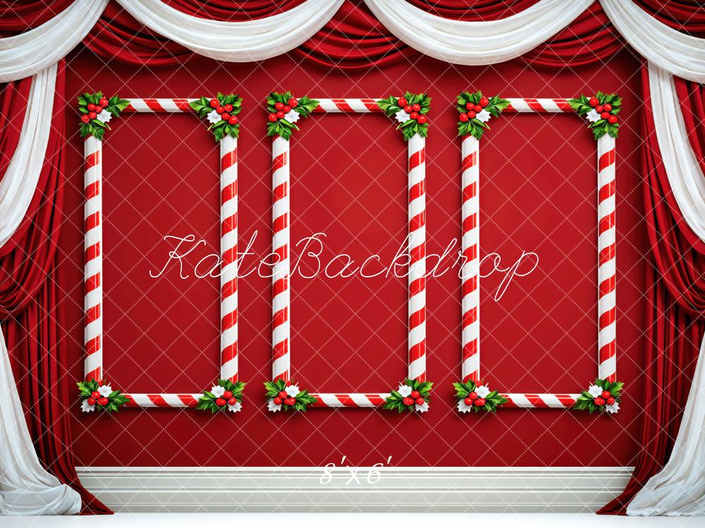 Kate Christmas Red Candy Cane Frame Curtain Printed Backdrop Designed by Mini MakeBelieve