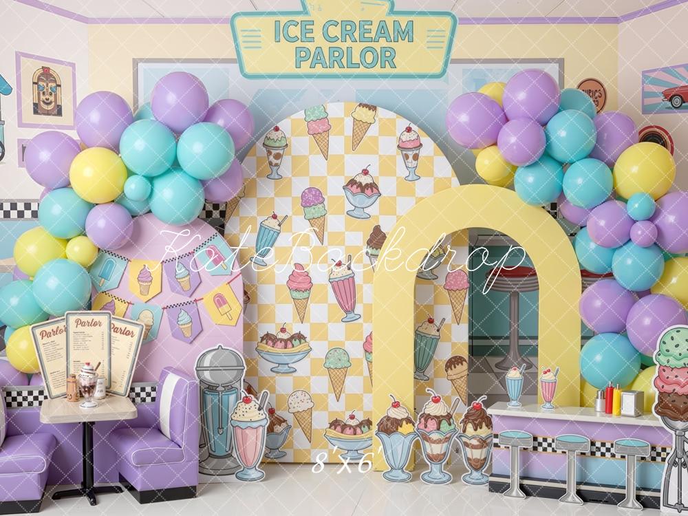 Kate Cake Smash Ice Cream Parlor Pastel Balloons Diner Booth Printed Backdrop Designed by Mini MakeBelieve