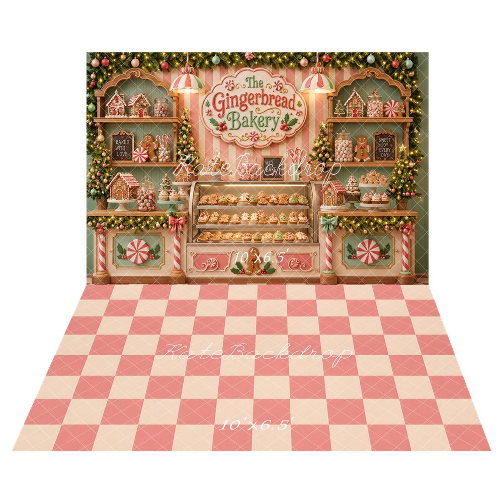 Kate Christmas Gingerbread Bakery Shop Candy Striped Wall Printed Backdrop+Pink Cream Checkerboard Floor Printed Backdrop