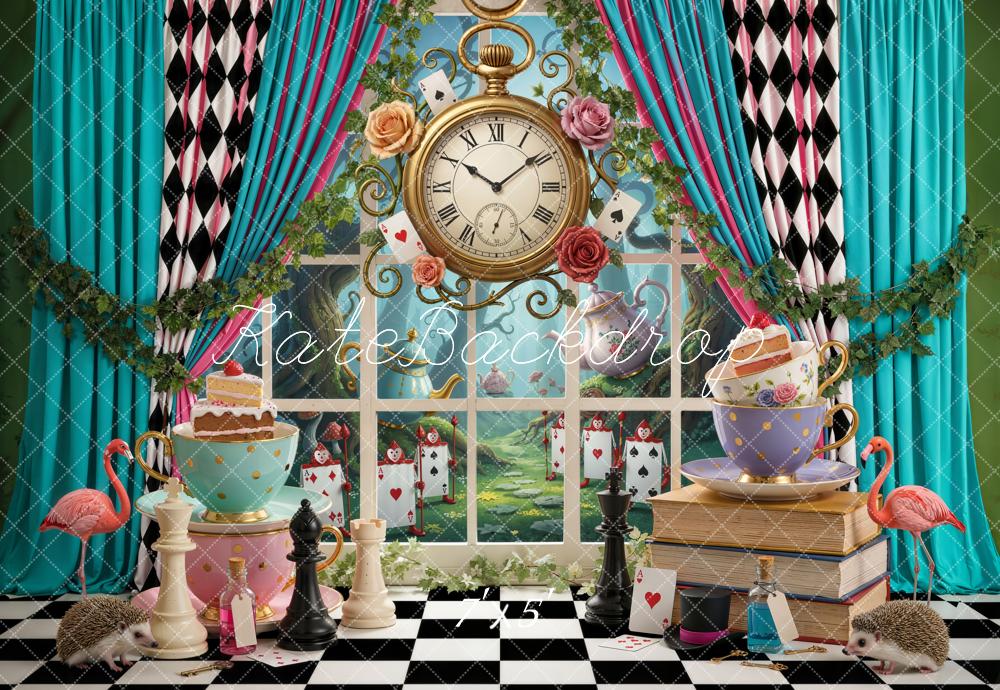 Kate Wonderland Tea Party Clock Chess Playing Cards Printed Backdrop Designed by Emetselch