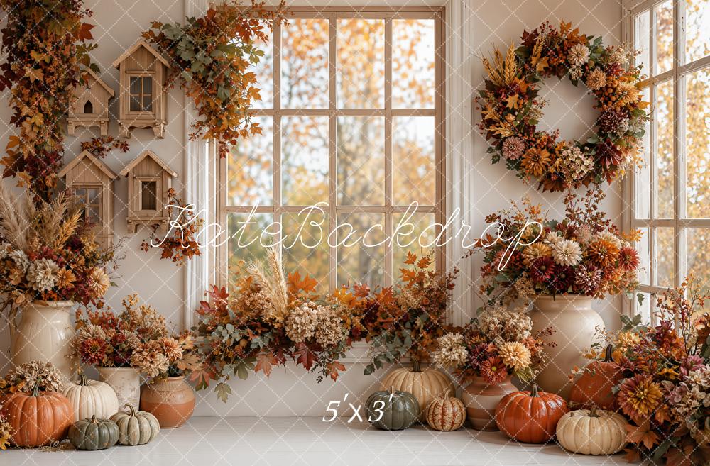 Kate Fall Cozy Interior Pumpkins Floral Window Wreath Printed Backdrop Designed by Emetselch