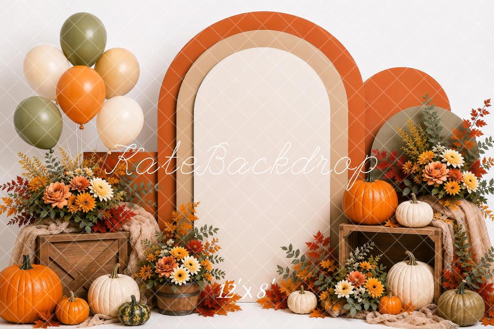 Kate Fall Cake Smash Pumpkins Floral Arch Balloons Printed Backdrop Designed by Shutter Swan Studios