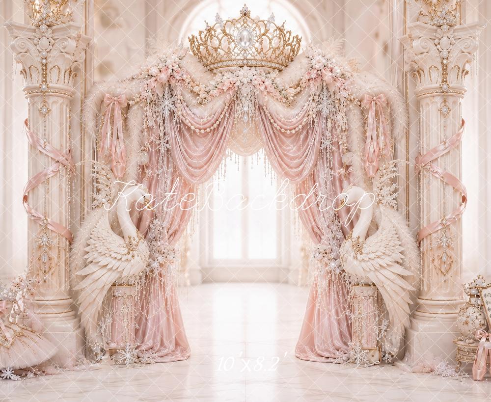 Kate Birthday Fantasy Luxury Pink Palace Swans Crown Drapes Printed Backdrop Designed by Ashley Paul