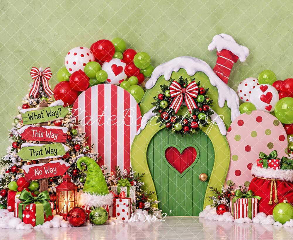 Kate Christmas Cake Smash Green Elf Door Candy Cane House Printed Backdrop Designed by Laura Bybee
