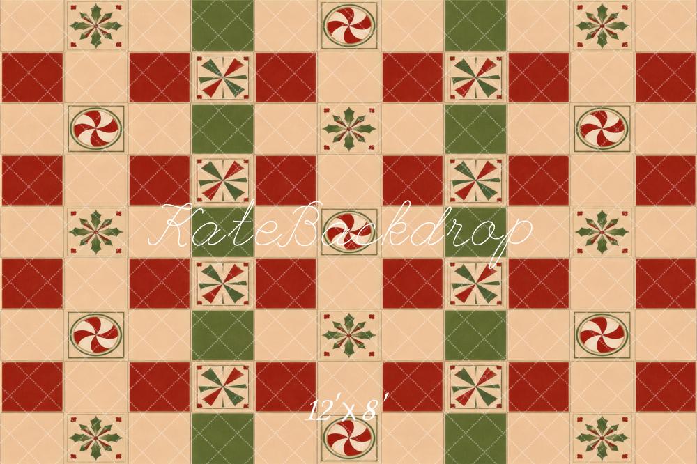 Kate Christmas Patchwork Peppermint Holly Checkerboard Floor Printed Backdrop Designed by Vertigo Productions