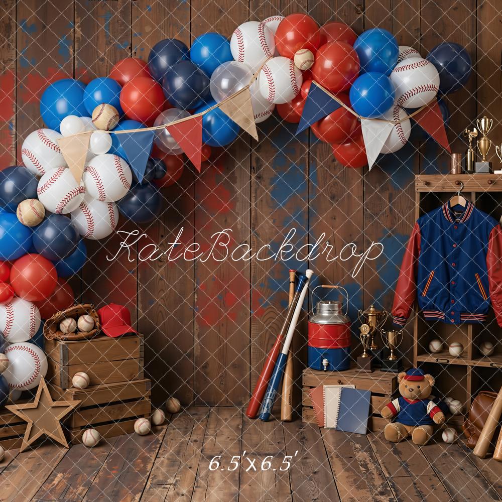 Kate Cake Smash Baseball Balloon Arch Wooden Crate Pennant Printed Backdrop Designed by Emetselch
