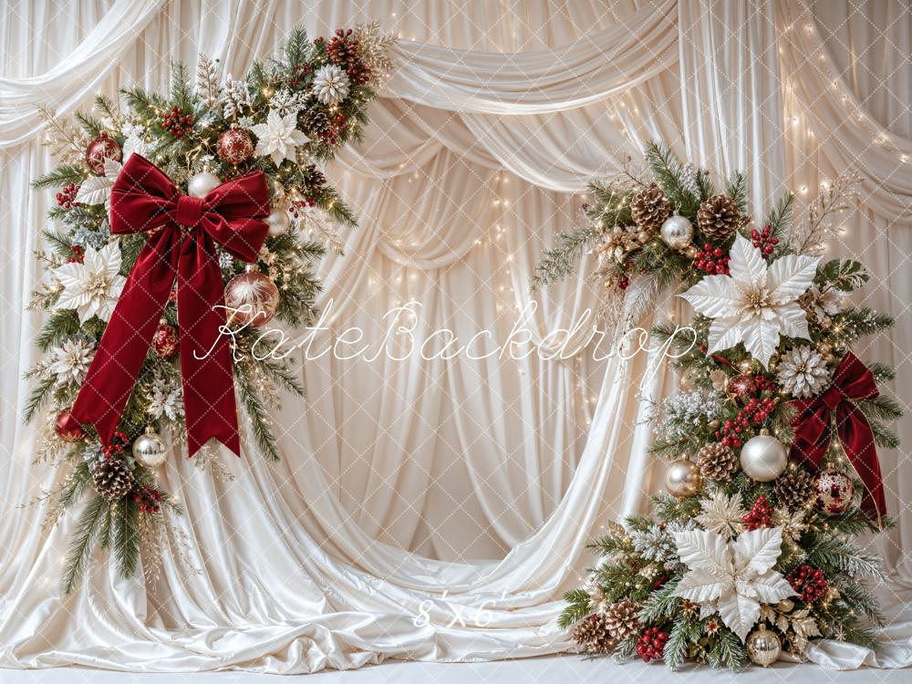 Kate Christmas Pine Garland Red Bow Poinsettia Ivory Drapes Printed Backdrop Designed by Emetselch