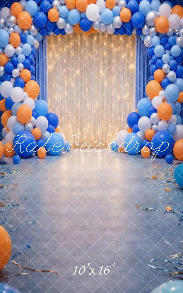 Kate Sweep Blue Orange Balloon Arch String Lights Printed Backdrop Designed by Vertigo Productions