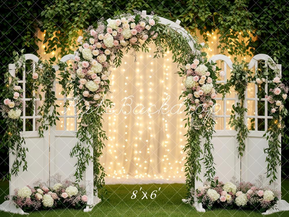 Kate Flower Arch White Gate Greenery Fairy Lights Backdrop Designed by Patty Roberts