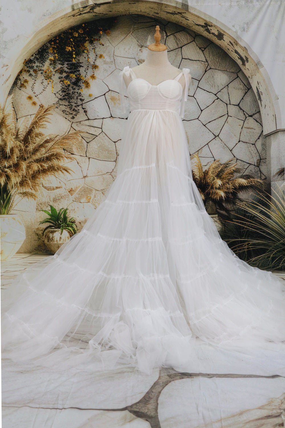 Vestido de fotos de maternidad sin tirantes de malla multicolor diseñado por