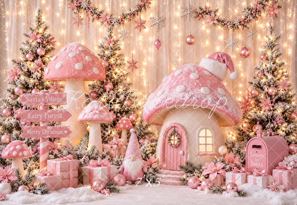 Kate Christmas Pink Mushroom Fairy Forest Cottage Snowy Printed Backdrop Designed by Ashley Paul