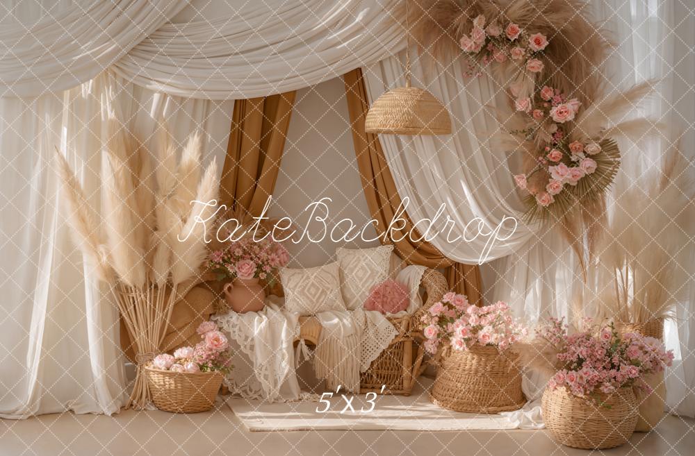 Kate Boho Pampas Grass Pink Flowers Wicker Sofa Printed Backdrop Designed by Emetselch