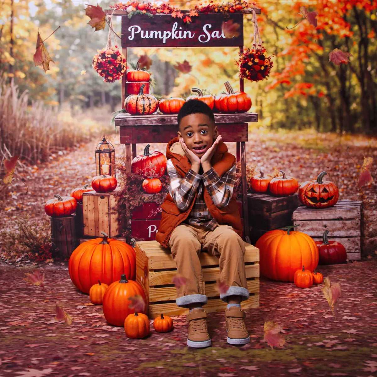 Kate Fall Thanksgiving Halloween Pumpkin Stand Outdoor Maple Forest Backdrop Designed by Emetselch