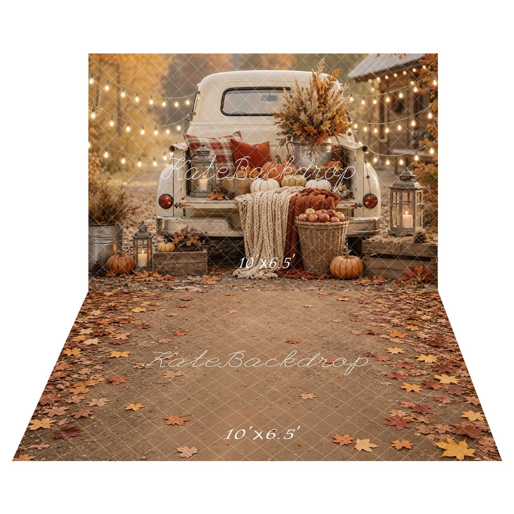 Kate Fall Vintage Truck Pumpkins Flowers String Lights Printed Backdrop+Fall Maple Leaves Path Floor Printed Backdrop