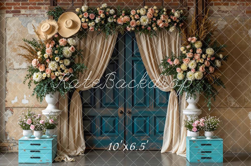 Kate Spring Flower Arch Blue Door Beige Drapes Backdrop Designed by Mini MakeBelieve