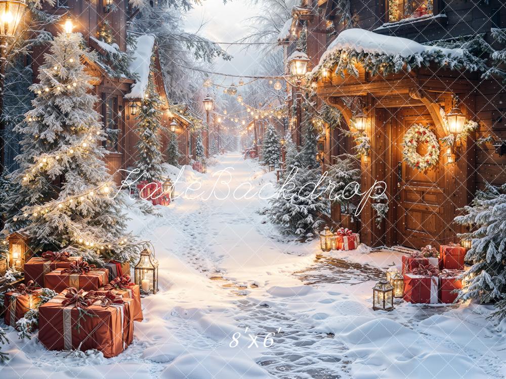 Kate Christmas Snowy Village Pine Trees Gifts Lanterns Backdrop Designed by Emetselch