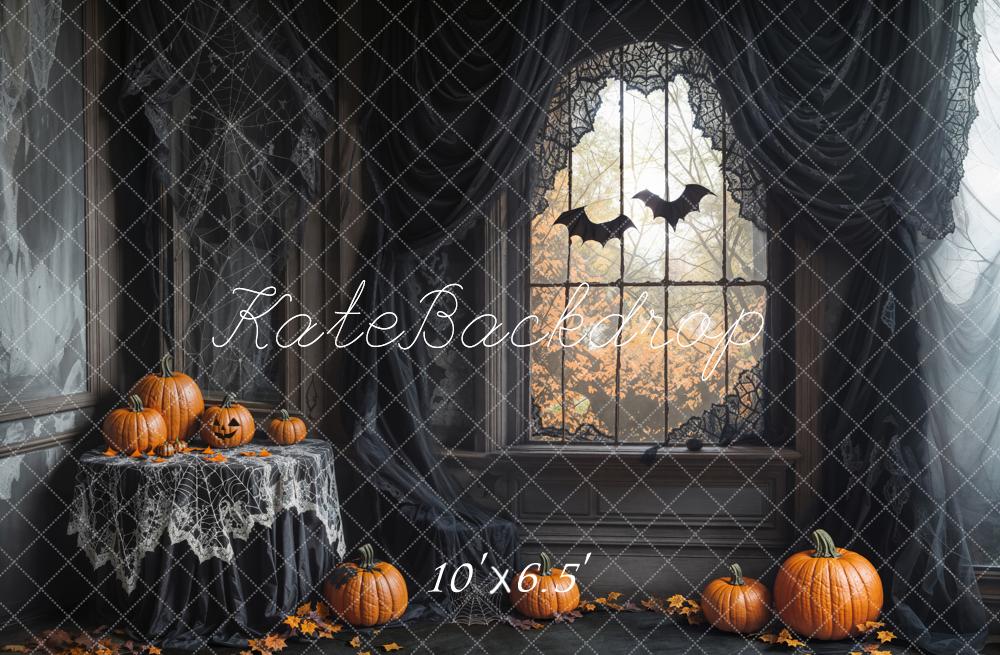 Kate Halloween Gothic Spider Web Window Pumpkins Bats Printed Backdrop Designed by Emetselch