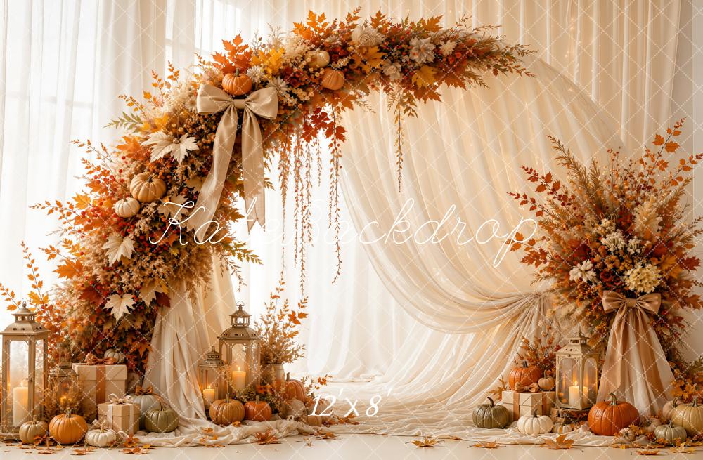 Kate Fall Circle Floral Arch Pumpkins White Drapes Lanterns Printed Backdrop Designed by Emetselch