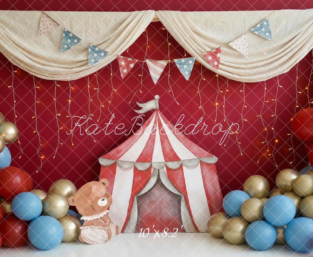 Kate Cake Smash Circus Tent Bear Balloons Red Printed Backdrop Designed by Patty Roberts