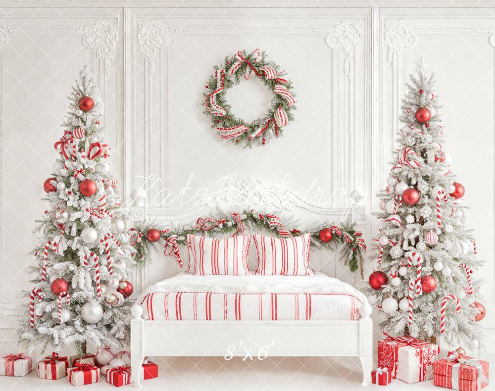 Kate Christmas White Bedroom Candy Cane Trees Red Ornaments Backdrop Designed by Emetselch