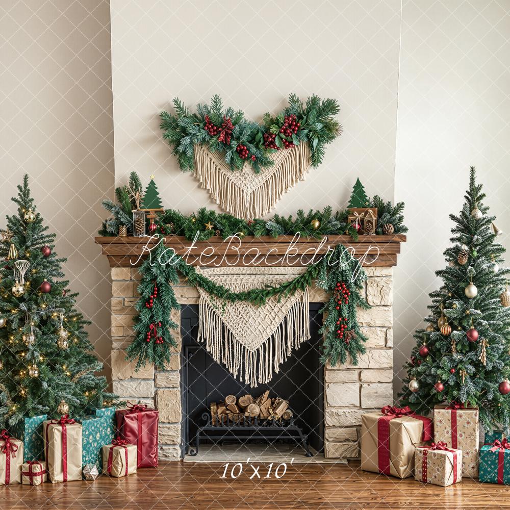 Kate Christmas Tree Fireplace Boho Macrame Garland Presents Backdrop Designed by Emetselch