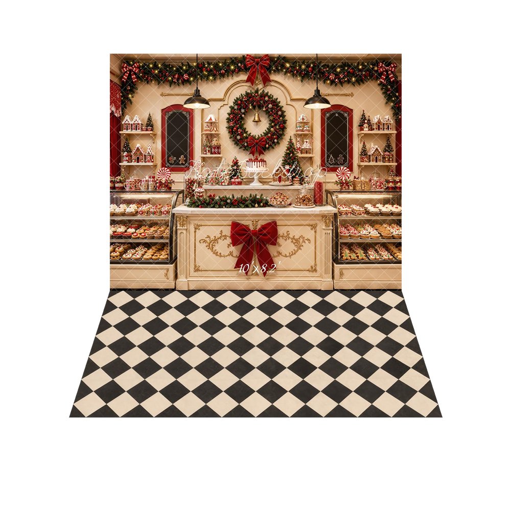 Kate Christmas Bakery Shop Cupcake Wreath Garland Printed Backdrop+Black And Beige Buffalo Plaid Printed Backdrop