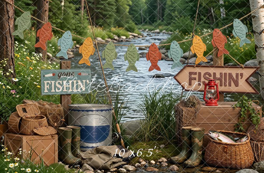 Kate Fishing Camp River Garland and Baskets Printed Backdrop Designed by Emetselch