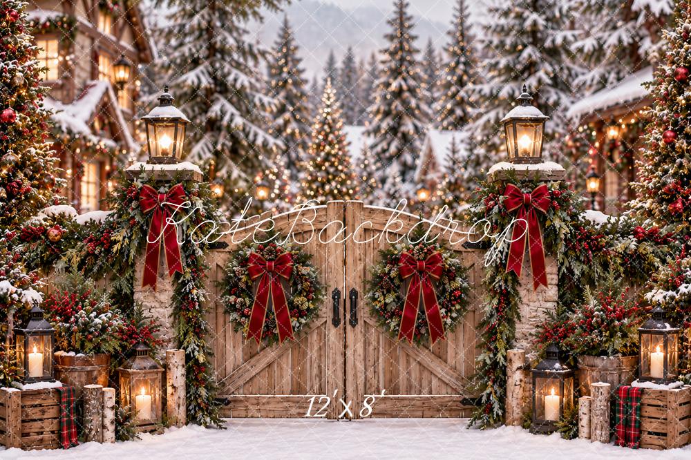 Kate Christmas Wooden Gate Snowy Village Red Bows Trees Printed Backdrop Designed by Ashley Paul