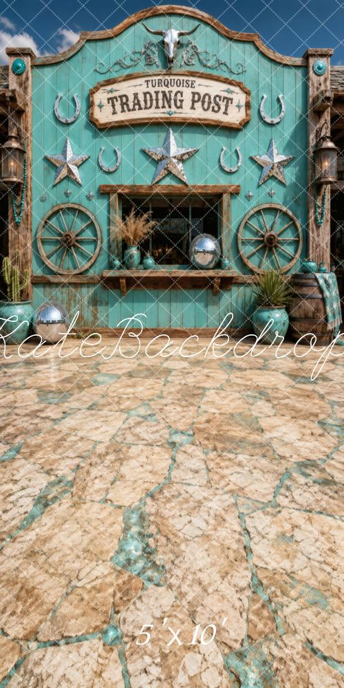 Kate Sweep Turquoise Western Trading Post Wagon Wheel Stone Floor Printed Backdrop Designed by Vertigo Productions